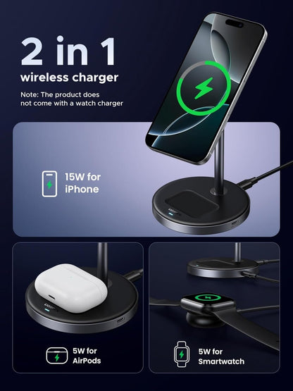 UGREEN MagFlow Qi2 Wireless Charger, 15W 2-in-1 Magsafe Charge Stand, Magnetic Station with 1M USB-C Cable for iPhone 16/15/14/13/12 Series and AirPods 4/3/2/Pro (No AC Adapter)