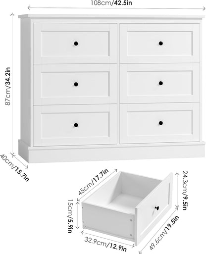 FOREHILL White Chest of Drawers with 6 Drawers, Wooden Bedroom Chest, Modern Style, Furniture with Drawers for Hallway, Bedroom, Living Room, Shipped in 2 Packages 108 x 40 x 87 cm