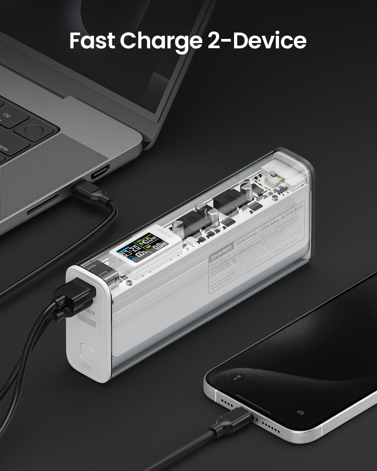SHARGE Shargeek 140W Power Bank 20000mah Transparent Laptop Powerbank USB-C USB-A Ports with Smart Display, Outdoor Portable Charger for iPhone 16/15, MacBook, Galaxy, Dell, iPad, Camera, Solar Pack
