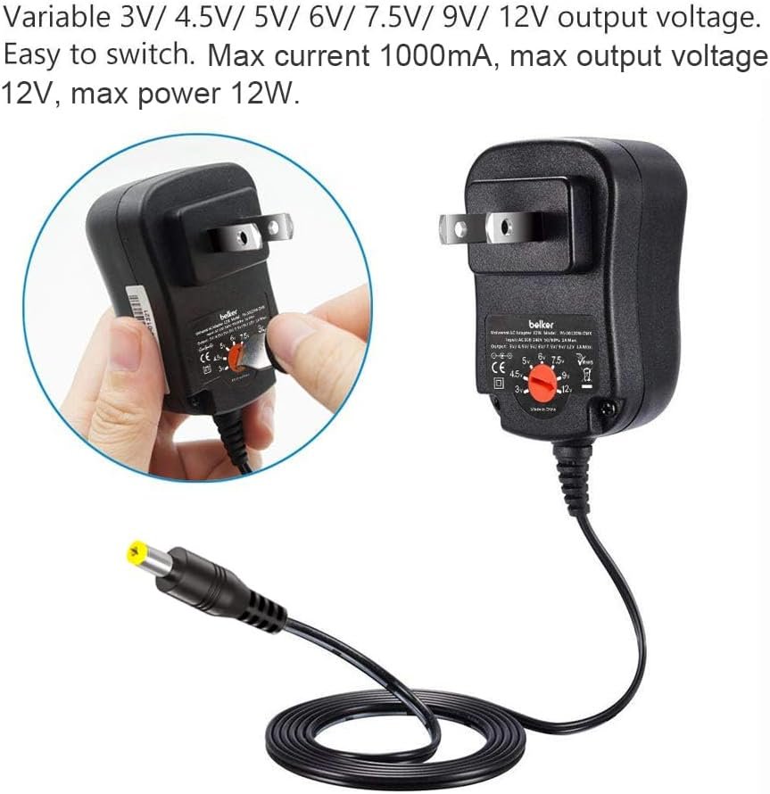 Belker 12W 3V 4.5V 5V 6V 7.5V 9V 12V Adjustable Voltage Universal AC/DC Adapter Power Supply for Household Electronics - 1A 1000mA Max.