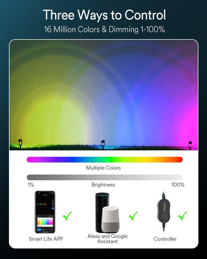 6-Pack Smart RGBW Outdoor Landscape Spotlights – 12V Low Voltage IP65 Weatherproof LED Uplights, App/Voice (Alexa/Google) & Remote Control, Auto Timer, Music Sync for Garden Yard Patio