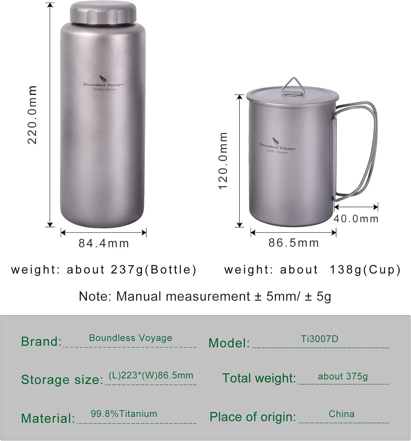 Boundless Voyage Titanium 1050ml Water Bottle with Nesting 600ml Cup Mug Lightweight Portable Drinkware for Outdoor Camping Hiking Backpacking (Bottle+Cup Set)