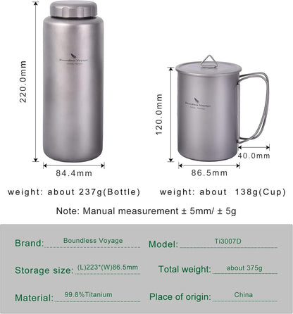 Boundless Voyage Titanium 1050ml Water Bottle with Nesting 600ml Cup Mug Lightweight Portable Drinkware for Outdoor Camping Hiking Backpacking (Bottle+Cup Set)