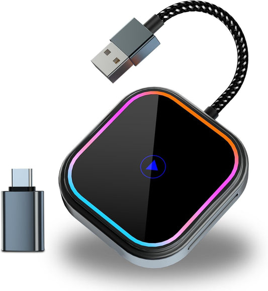 Tesansi Wireless Carplay Adapter for iPhone (2025 Full Upgraded) Audio Reactive Lighting Design for Apple and Android Carplay Dongle, Bluetooth Connection Plug and Play, Mini Size USB Type-A & Type-C