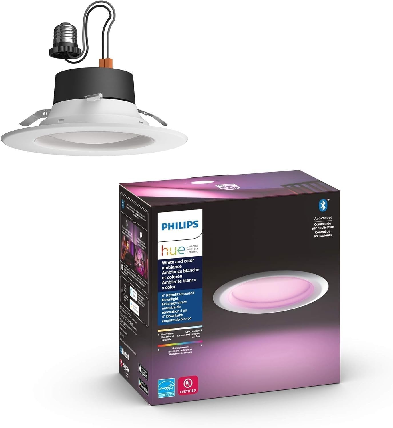 Philips Hue White & Color Ambiance Smart Retrofit Recessed Downlight 4", Color Changing, Bluetooth & Zigbee Compatible (Hue Hub Optional), Smart Ceiling Lighting
