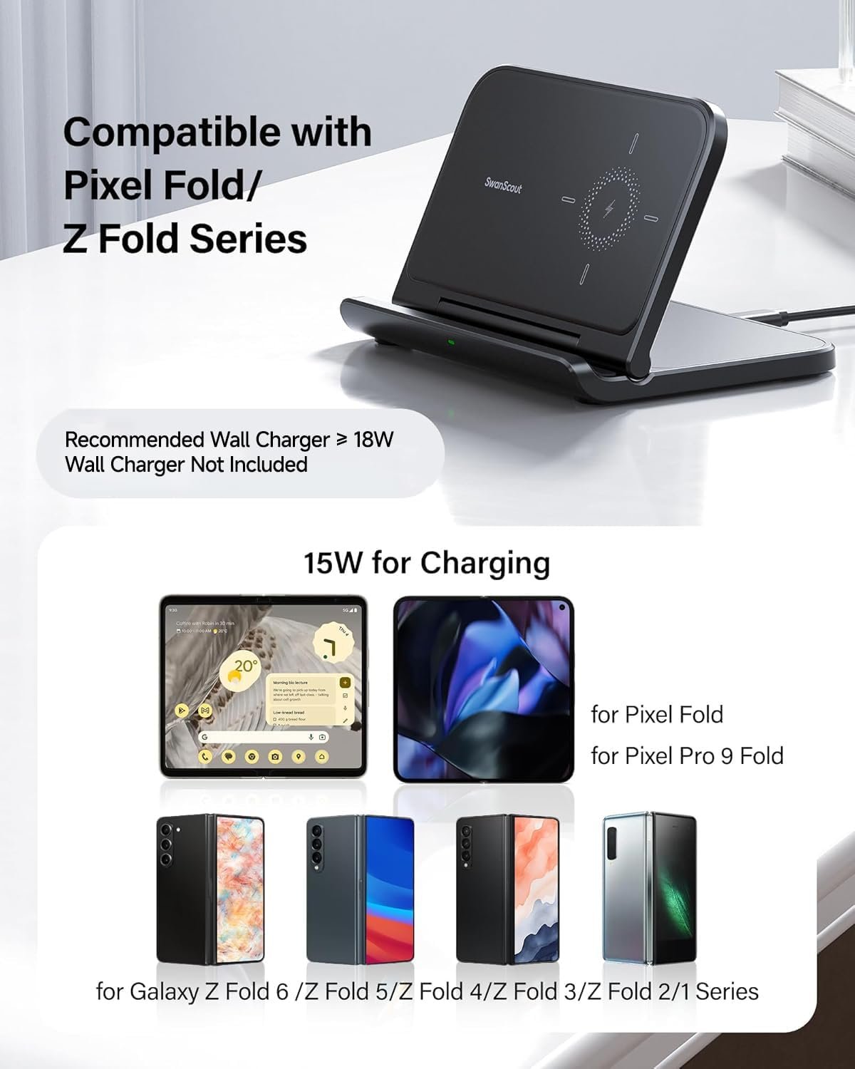 SwanScout Wireless Charger for Samsung Z Fold 6, Foldable Charging Station for Pixel 9 Pro Fold/Galaxy Z Fold 5/4/3/2/1, Wireless Charger Station for Samsung Z Fold Series (No Adapter)