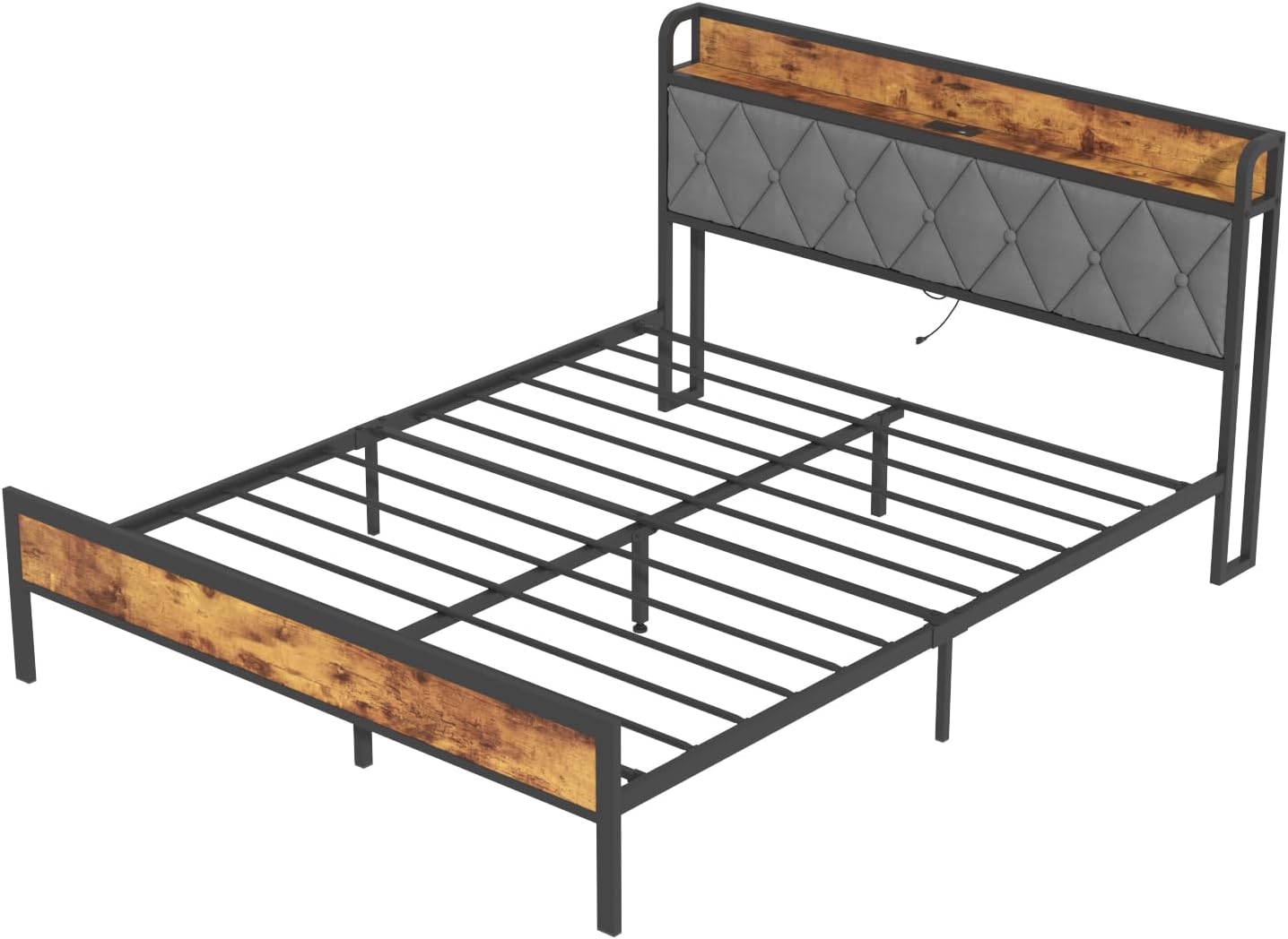 Ufurniture Bed Frame Double Size Metal Frame Storage Headboard with Charging Station and USB Ports Retro (Double)