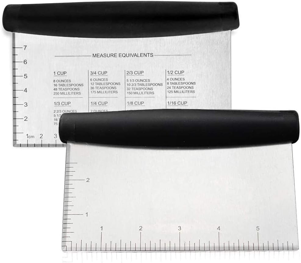 Bench Scraper & Chopper, Aufondof Metal Dough Cutter Pastry Scraper for Cake Pizza Bread, Multi-Purpose Kitchen Gadgets for Baking Cooking, Rubber Grip & Measuring Markings