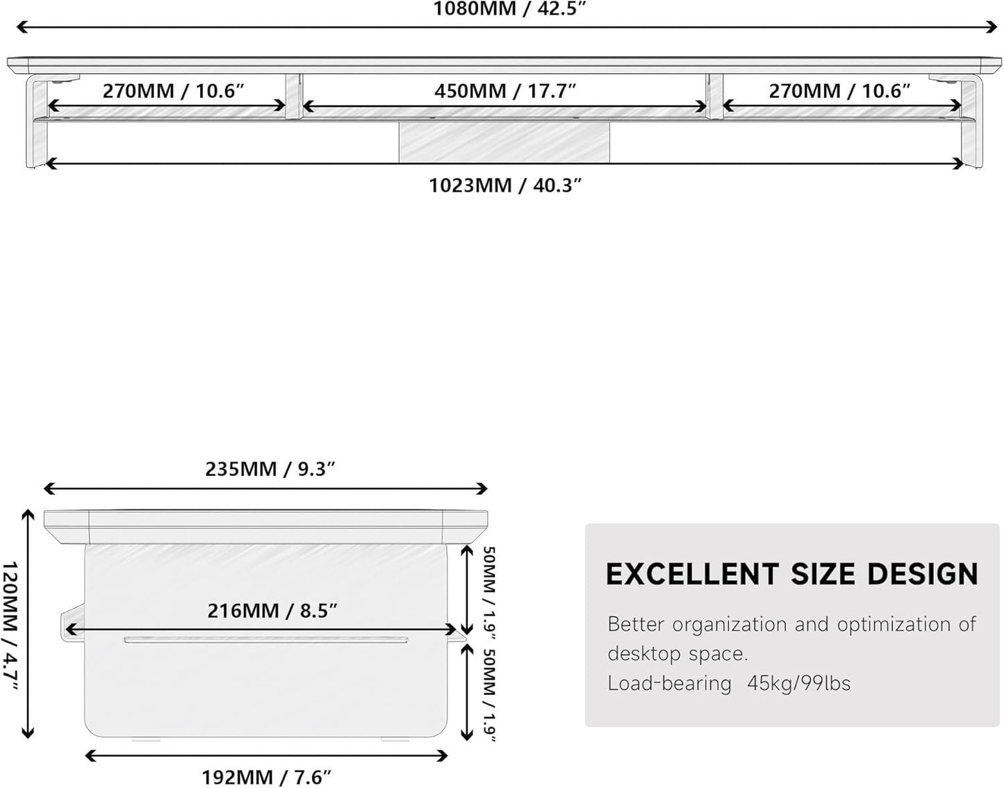 FENGE 2-Tier Acrylic Dual Monitor Stand Riser,42.5 Inch Acrylic Monitor Stand with Storage Organizer for Home, Office and Business ,BLACK