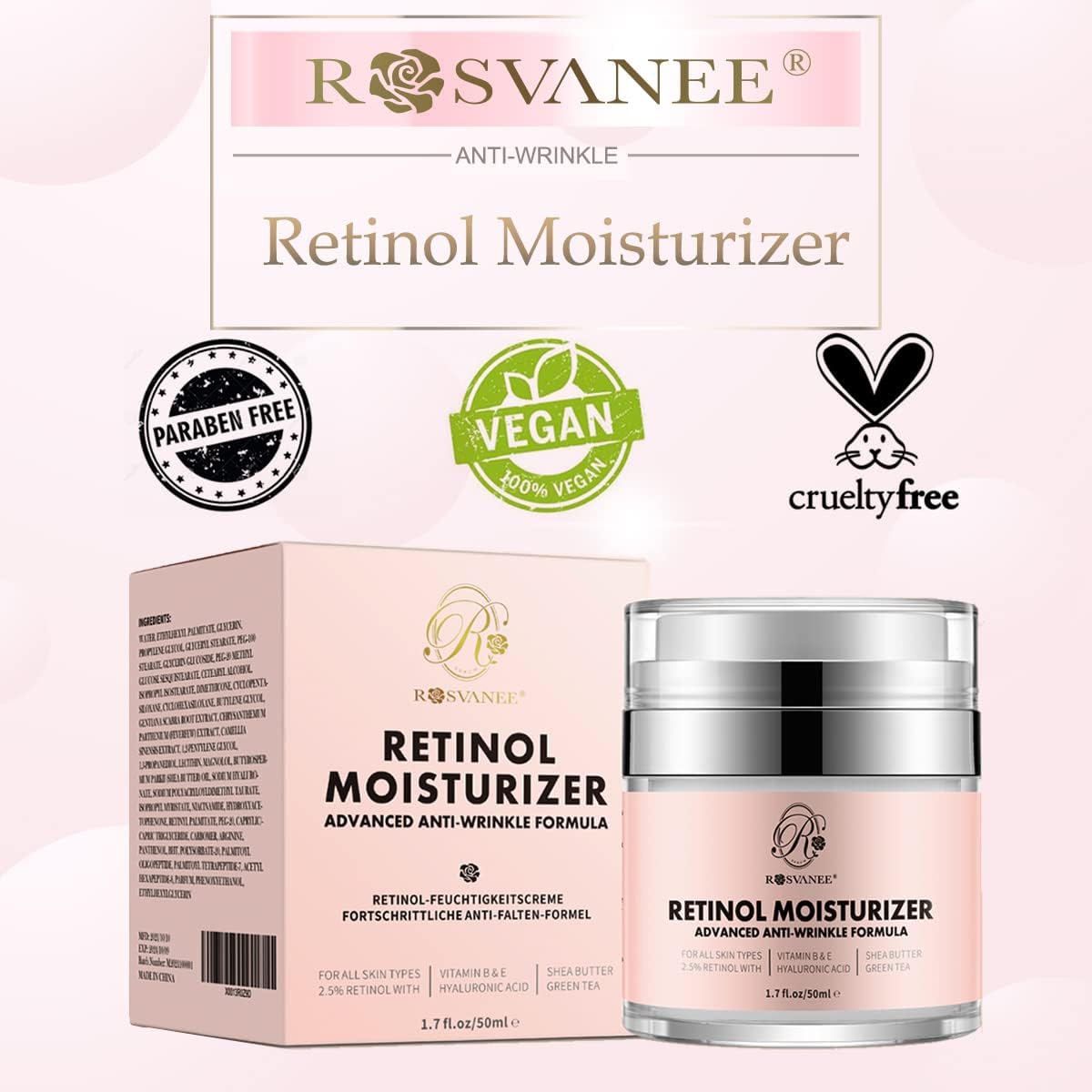 ROSVANEE Retinol Moisturizing Face Neck Eye Cream with 2.5% Retinol, Hyaluronic Acid and Vitamins E & B5, Deep Moisturizing Anti-Wrinkle Cream for Men and Women