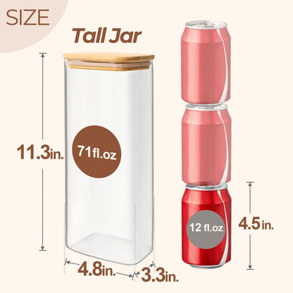 ComSaf 71oz Rectangle Glass Storage Containers with Lids, Glass Jars with Bamboo Lids, Clear Food Storage Jar, Tall Spaghetti Container, Pantry Storage Container for Pasta Flour Oats Nuts Rice