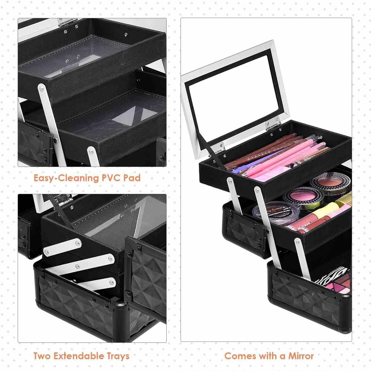 Cosmetic Beauty Case, Portable Lockable Makeup Jewelry Organizer, Travel Makeup Storage Box w/Mirror, Diamond Rose Gold, for Home Travel Gift (Black)