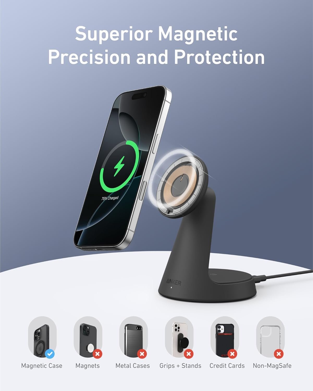 Anker MagSafe Compatible 2-in-1 Charging Stand, iPhone 16 Wireless Charger, Qi2 Certified 15W Ultra-Fast, Adjustable and Super Strong, for iPhone 16/15/14/13/12 Series, AirPods (Charger Not Included)