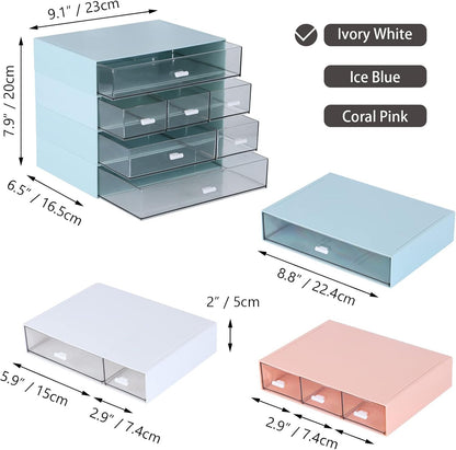 OSteed Desk Craft Organizer and Storage with 7 Flat Drawers, Stackable Plastic Desktop Accessories & Workspace Organizer for Office Stationary, Makeup Skincare, Sanitation Supplies, White