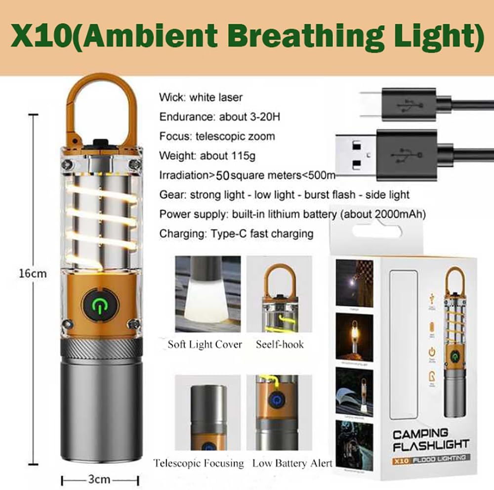 LED Tactical Torch, Rechargeable Flashlight, Laser Bright Flashlight, Adjustable Focus, Water Resistant, with 5 Lighting Modes Mini Breathing Torch for Camping, Hiking, Dog Walking, Emergency Use