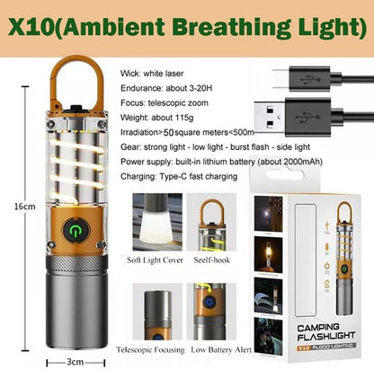 LED Tactical Torch, Rechargeable Flashlight, Laser Bright Flashlight, Adjustable Focus, Water Resistant, with 5 Lighting Modes Mini Breathing Torch for Camping, Hiking, Dog Walking, Emergency Use