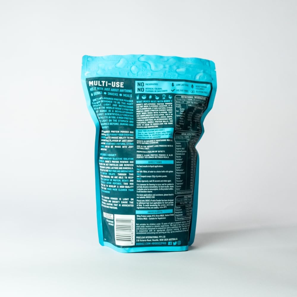 BODIE’Z Whey Protein Water Powder - 30g Protein Per Serve, Less than 1g Sugar Fat and Carbs 11 Vitamins and Minerals, Supplement for Lean Muscle Growth and Recovery, Mix with Water, 760g Unflavoured