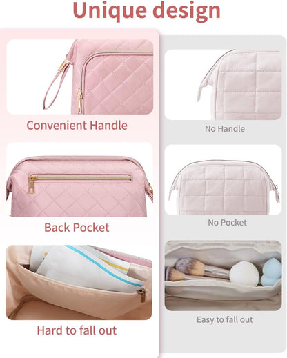 Wandering Nature Makeup Bag,Quilted Make up Bags for Women,Wide-Open Cosmetic Bag, Large Makeup Organizer Case, Travel Pouch for Travel Essentials Toiletries Accessories Brushes, Pink Patent Pending