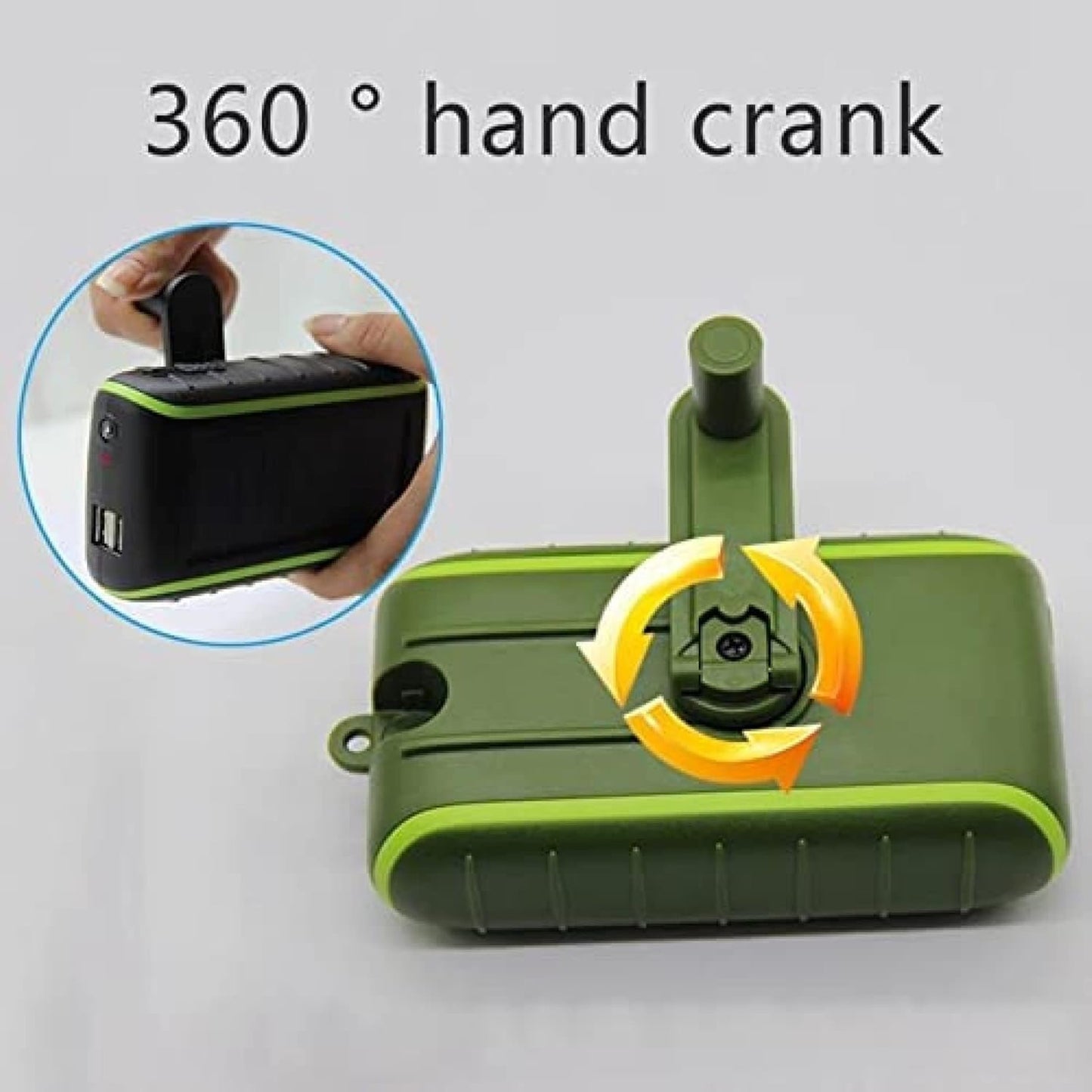 Outdoor Waterproof Solar Hand Crank Generator, 8000mAh Solar Power Bank, Portable Double USB Phone Charger, with LED Flashlight, Carabiner,Green,incomparable123