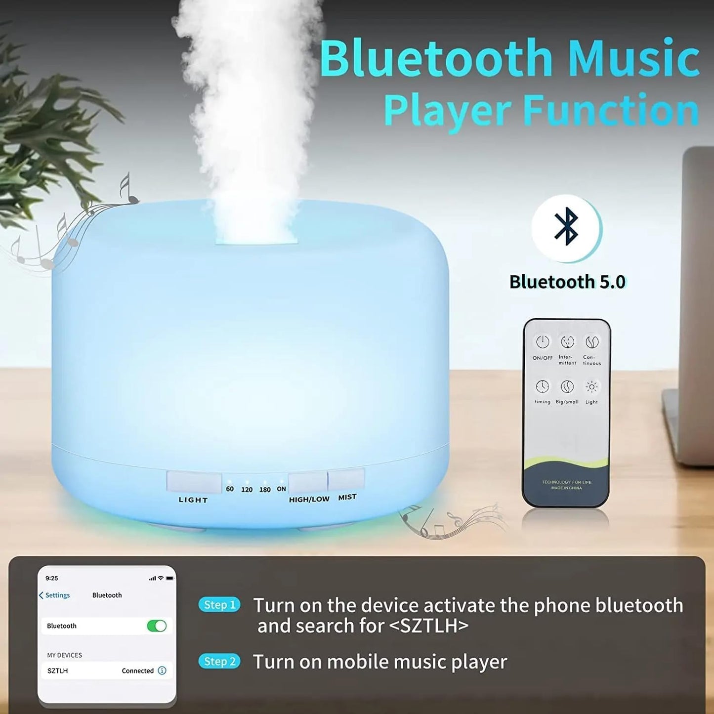 500ml Essential Oil Diffuser 7 Color Night Light, Electric Aroma Ultrasonic Aromatherapy Humidifier Timer and Auto Shut Off (with Bluetooth Speaker)