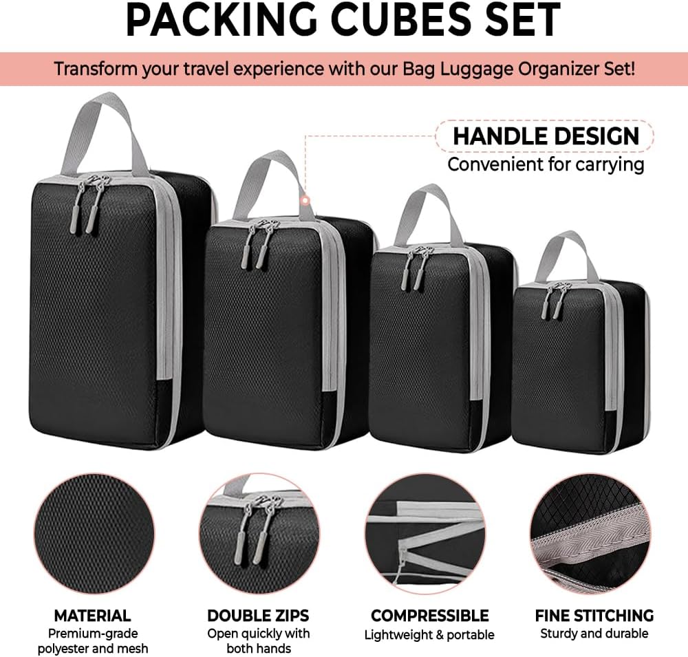 UniPro GOODS- Travel Bag Luggage Organizers 8 piece set- Compression Packing Cubes for Suitcases, Drawstring Pouch and Shoe Bag, Travel Accessories, More Lightweight and Durable