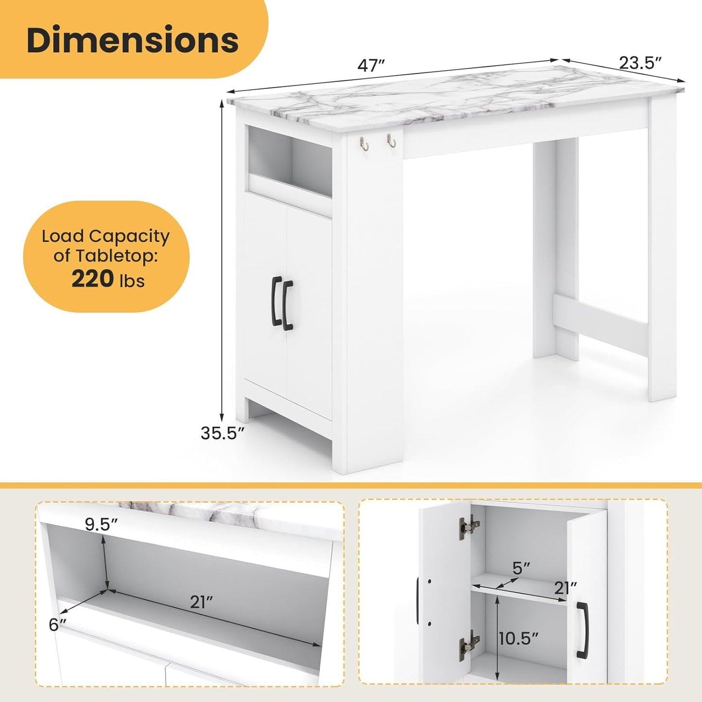 Giantex Bar Table, 47” Counter Height Dining Table with 7 Hanging Hooks, Compartment, Cabinet & Adjustable Shelf, High Top Table, Faux Marble Pub Table for Kitchen Breakfast Nook Small Space, White