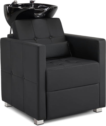 Barberpub Hairdressing Chair with Washbasin, Adjustable Ceramic Hairdressing Basin for Hairdressing SPA Salon 8010 (Black/PVC)