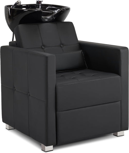 Barberpub Hairdressing Chair with Washbasin, Adjustable Ceramic Hairdressing Basin for Hairdressing SPA Salon 8010 (Black/PVC)