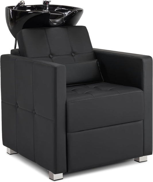 Barberpub Hairdressing Chair with Washbasin, Adjustable Ceramic Hairdressing Basin for Hairdressing SPA Salon 8010 (Black/PVC)