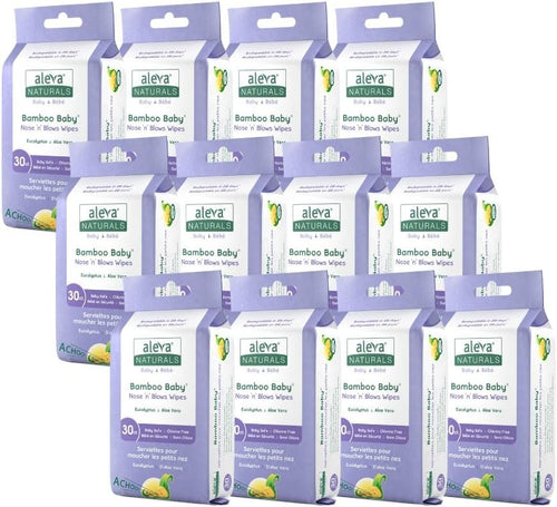 Aleva Naturals Bamboo Baby Nose 'n' Blows Wipes for Cleaning Stuffy Noses with Saline, Organic Formula, Extra Strong and Ultra-Soft, Biodegradable - Mega Pack- 12 X 30 Count= 360 Wipes Total, Unbleached