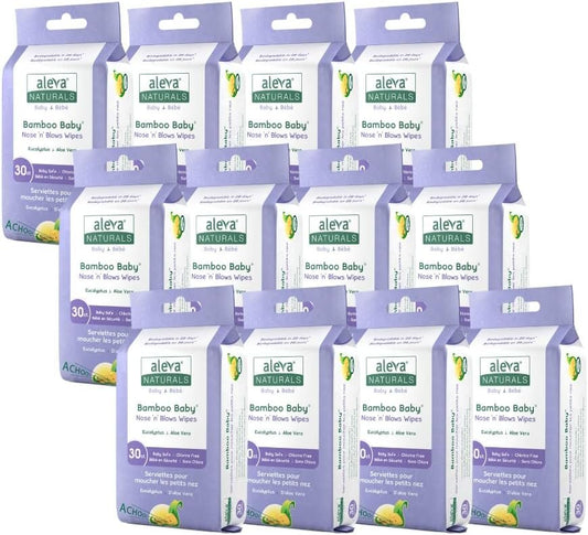 Aleva Naturals Bamboo Baby Nose 'n' Blows Wipes for Cleaning Stuffy Noses with Saline, Organic Formula, Extra Strong and Ultra-Soft, Biodegradable - Mega Pack- 12 X 30 Count= 360 Wipes Total, Unbleached