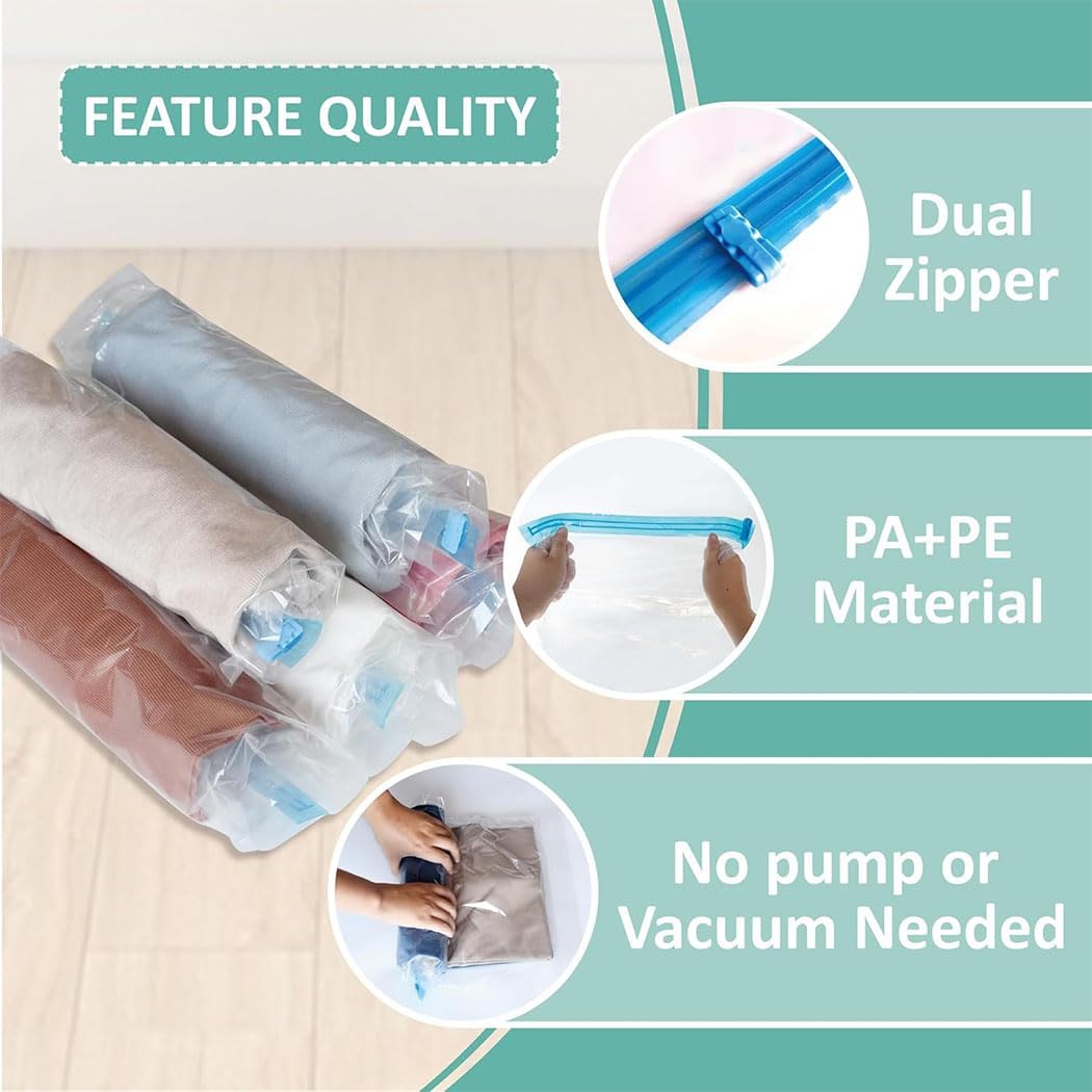 iDopick 8 Pack Compression Bags for Travel,Cream Roll Up Space Saver Bags Reusable Seal Clothes Bags,No Pump Needed Vacuum Storage Bags for Luggage, Suitcase, Backpack, Travel Essentials (35x50cm)