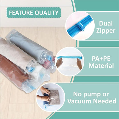 iDopick 8 Pack Compression Bags for Travel,Cream Roll Up Space Saver Bags Reusable Seal Clothes Bags,No Pump Needed Vacuum Storage Bags for Luggage, Suitcase, Backpack, Travel Essentials (35x50cm)