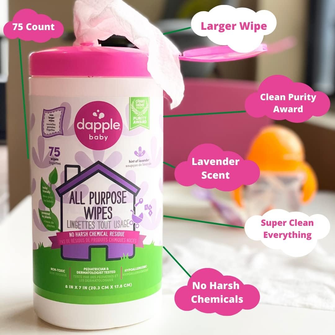Dapple Baby - All Purpose Cleaning Wipes, Baby Safe, Natural Toy and High Chair Wipes, Plant Based, Sweet Lavender Scented - 75 Count