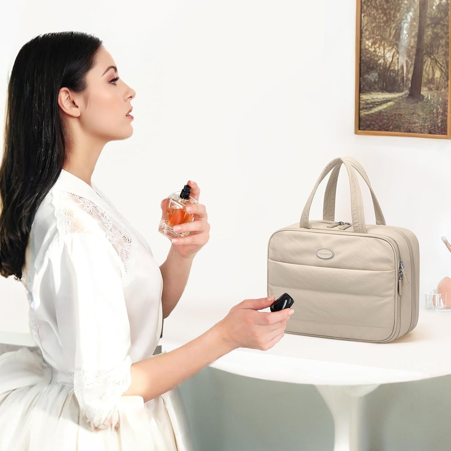GOLF QUALITY Women's Travel Toiletry Bag Hanging Waterproof Makeup Bag High Capacity Travel Makeup Bag Useful Accessories Large Makeup Bag with Hook, Elegant Apricot, Includes