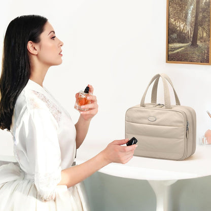 GOLF QUALITY Women's Travel Toiletry Bag Hanging Waterproof Makeup Bag High Capacity Travel Makeup Bag Useful Accessories Large Makeup Bag with Hook, Elegant Apricot, Includes