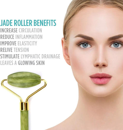 Jade Face Roller - GLAMZA Double Ended Facial Roller - Stimulates Lymphatic Drainage, Improving Skin-tone & Reducing Fine Lines & Wrinkles