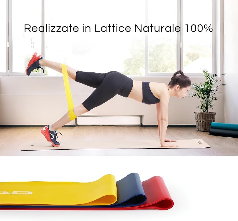 HEAD - Latex Fitness Exercise Bands Kit of 3 Bands and 3 Resistance Levels: 9, 14, 18 kg Usage: Fitness, Strengthening, Warming, Yoga, Pilates, etc. Dimensions: 12 x 3 inches