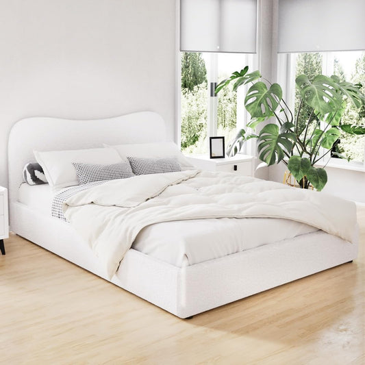 Artiss Bed Frame Queen Size Mattress Base Wooden Platform Boucle White DARA