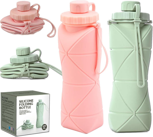 (2 Pack) RUNGOS Collapsible Water Bottle for Travel [Double Leak-proof Design] [Cap with Safety Rope] BPA Free Silicone Foldable Water Bottle for Outdoor Hiking Sports Lightweight, Couple (Green+Pink)