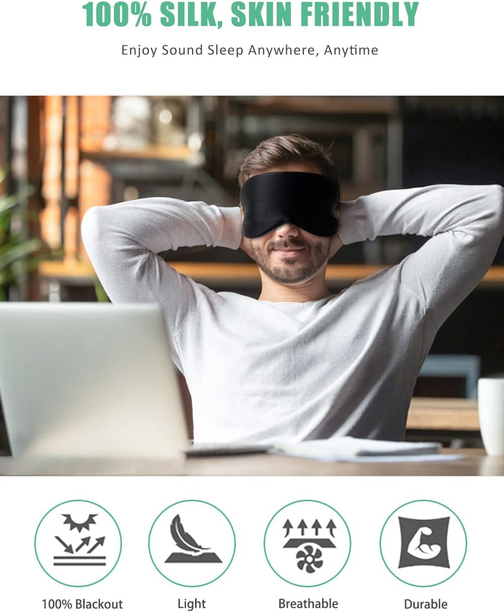 Silk Sleep Mask, 2 Pack 100% Real Natural Pure Silk Eye Mask with Adjustable Strap, Eye Sleeping Mask, BeeVines Eye Sleep Shade Cover for Summer Travel Reduces Puffy Eyes (Black & Blue)