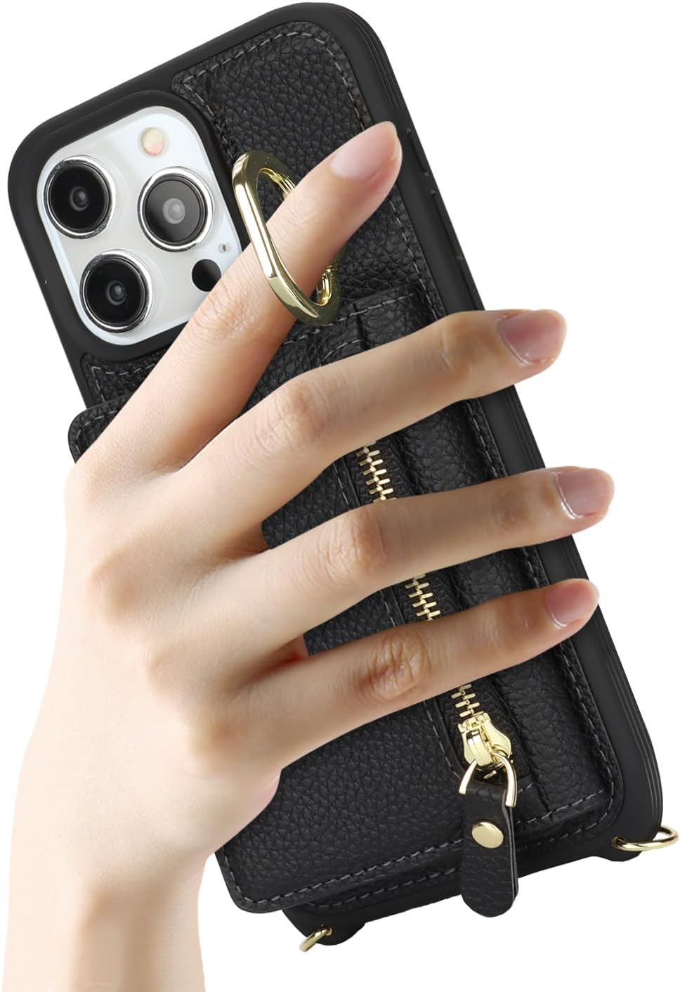 SunYoo for iPhone 15 Pro Max Crossbody Case with Card Holders Money Slots Zipper Coin Purse Rotatable Ring Kickstand Cover Wristlet Strap Lanyard Litchi Leather Wallet for iPhone 15ProMax Black
