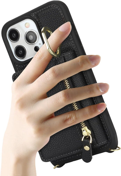 SunYoo for iPhone 15 Pro Max Crossbody Case with Card Holders Money Slots Zipper Coin Purse Rotatable Ring Kickstand Cover Wristlet Strap Lanyard Litchi Leather Wallet for iPhone 15ProMax Black