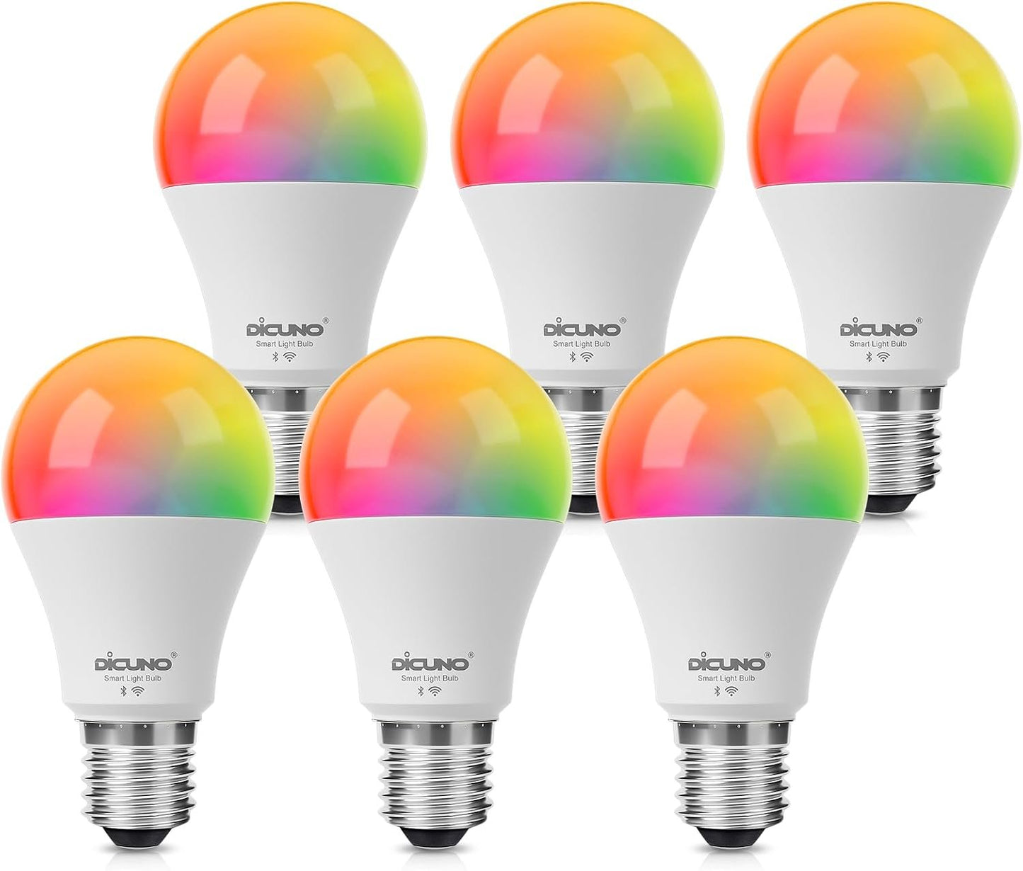 DiCUNO Smart Light Bulb, Alexa & Google Assistant Compatible, Dimmable RGBCW Color Changing WiFi & Bluetooth LED Bulb, No Hub Required, A19 E26 60W Equivalent, Pack of 6