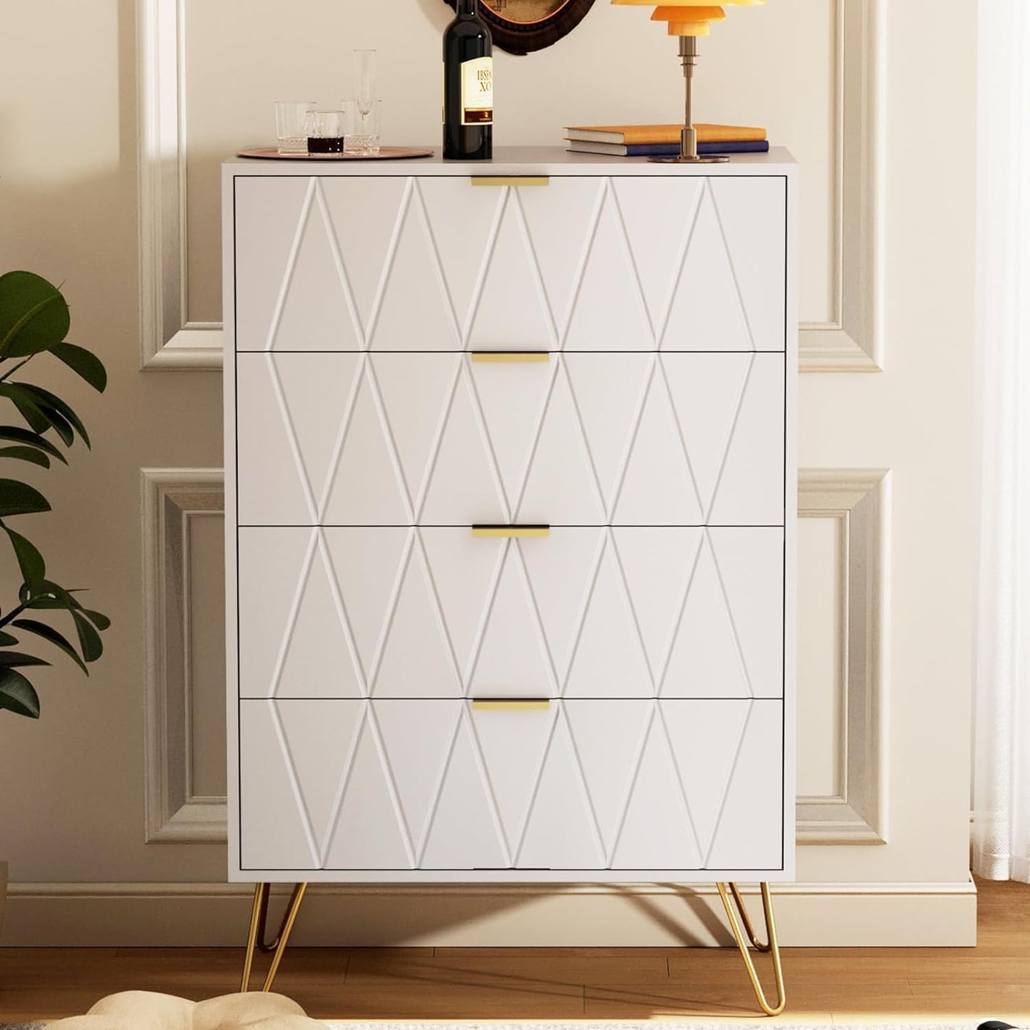 GOOBUY White Chest of Drawers with 4 Drawers, Wooden Bedroom Como Cabinet, Living Room Furniture, Gold Handles and Legs, 34 x 60 x 91 H cm, White