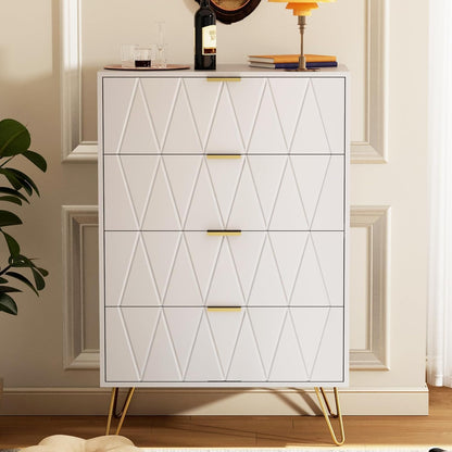 GOOBUY White Chest of Drawers with 4 Drawers, Wooden Bedroom Como Cabinet, Living Room Furniture, Gold Handles and Legs, 34 x 60 x 91 H cm, White