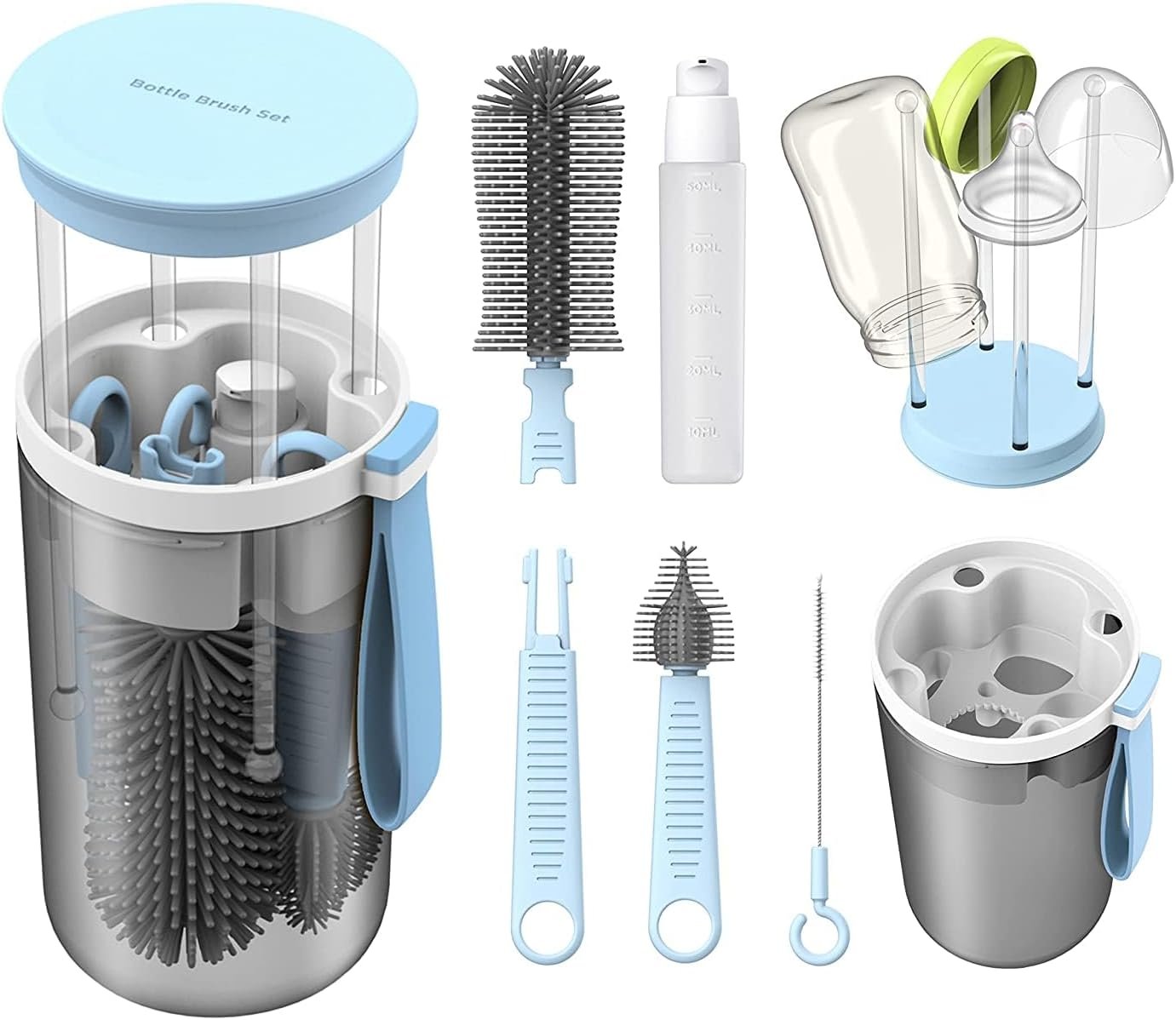 Portable Baby Bottle Brush Travel Set Cleaner, Travel Bottle Cleaning Kit Baby Essentials Newborn Silicone Nipples Cleaning Brushes and Portable Baby Bottle Drying Rack Set Mini Washing Kit Cleaner