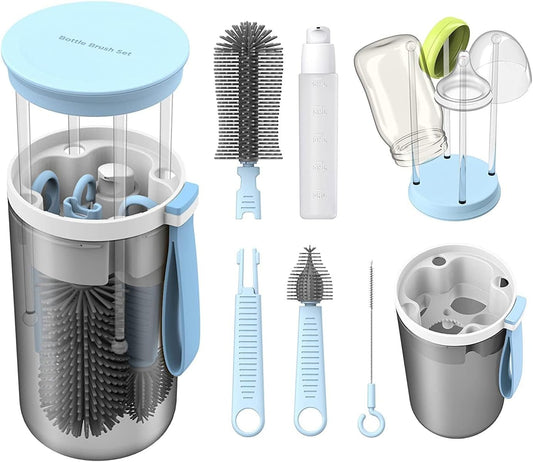 Portable Baby Bottle Brush Travel Set Cleaner, Travel Bottle Cleaning Kit Baby Essentials Newborn Silicone Nipples Cleaning Brushes and Portable Baby Bottle Drying Rack Set Mini Washing Kit Cleaner