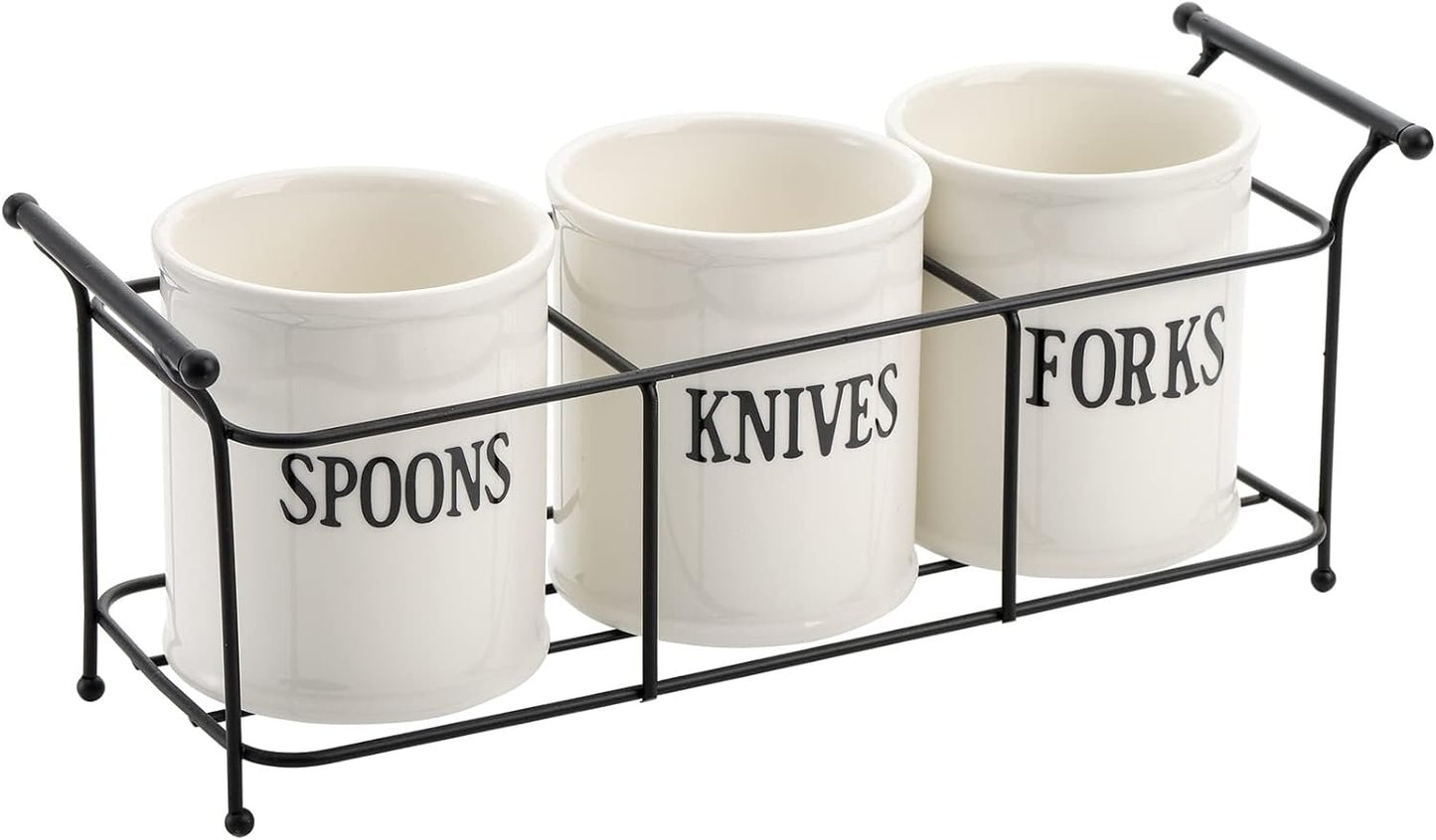 Bekith 3-Piece White Ceramic Silverware Caddy with Black Metal Rack, Utensil Holder Flatware Caddy Cutlery Storage Organizer for Kitchen Table, Cabinet or Pantry
