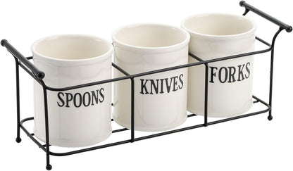 Bekith 3-Piece White Ceramic Silverware Caddy with Black Metal Rack, Utensil Holder Flatware Caddy Cutlery Storage Organizer for Kitchen Table, Cabinet or Pantry